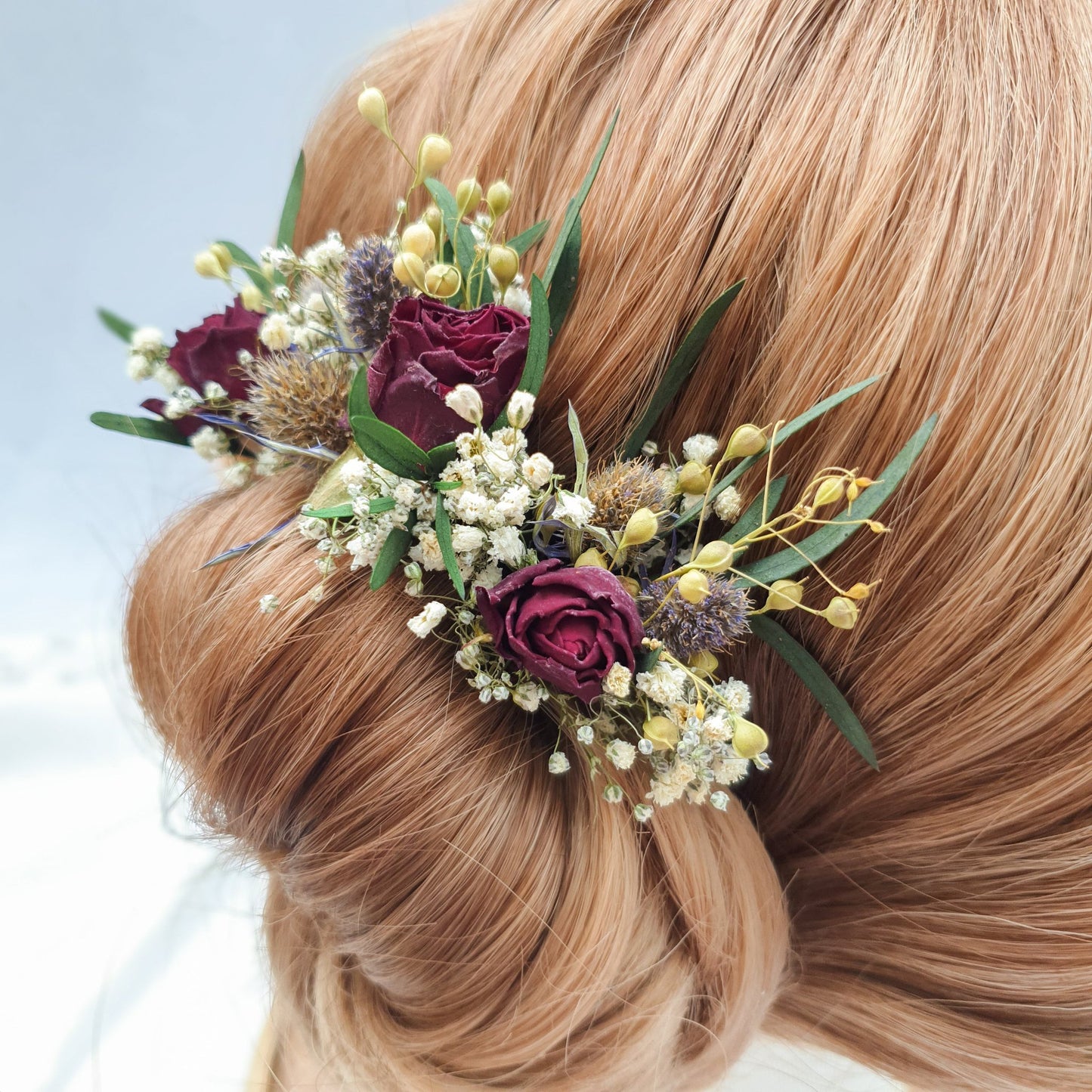 "Thistle and Roses" Dried Flower Rose Hair Pins- Red & Blue - Lytton Rose Botanical