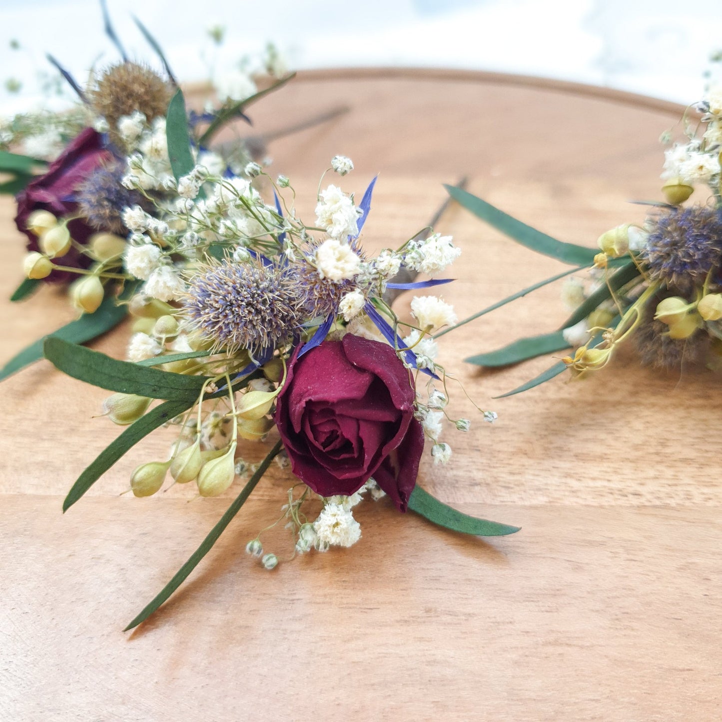"Thistle and Roses" Dried Flower Rose Hair Pins- Red & Blue - Lytton Rose Botanical