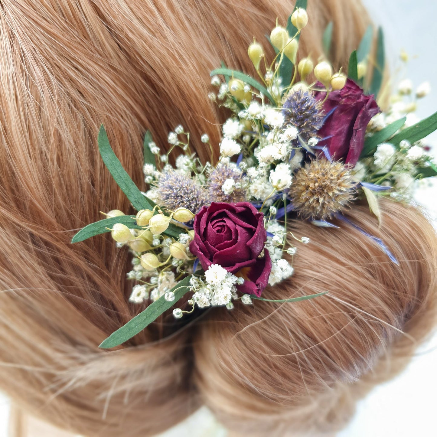 "Thistle and Roses" Dried Flower Rose Hair Pins- Red & Blue - Lytton Rose Botanical