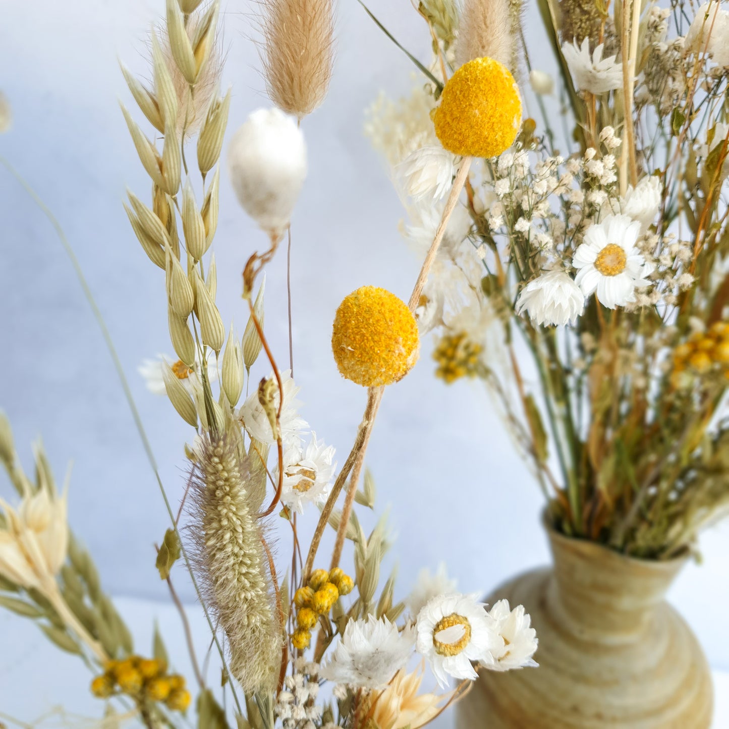 A close-up image highlighting the intricate details of a dried flower arrangement. Delicate white daisies, vibrant yellow craspedia, and soft, fluffy dried grasses create a visually appealing and textural display.