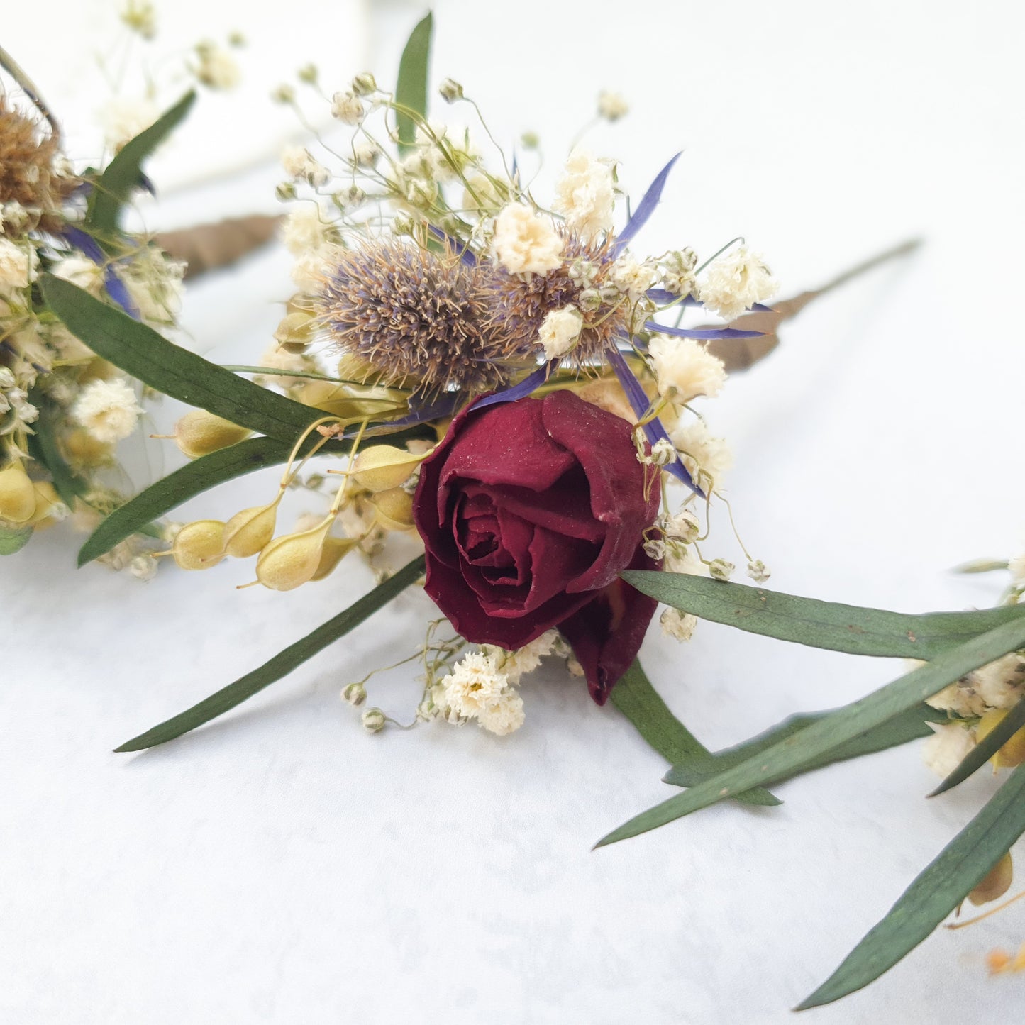 "Thistle and Roses" Dried Flower Rose Hair Pins- Red & Blue - Lytton Rose Botanical