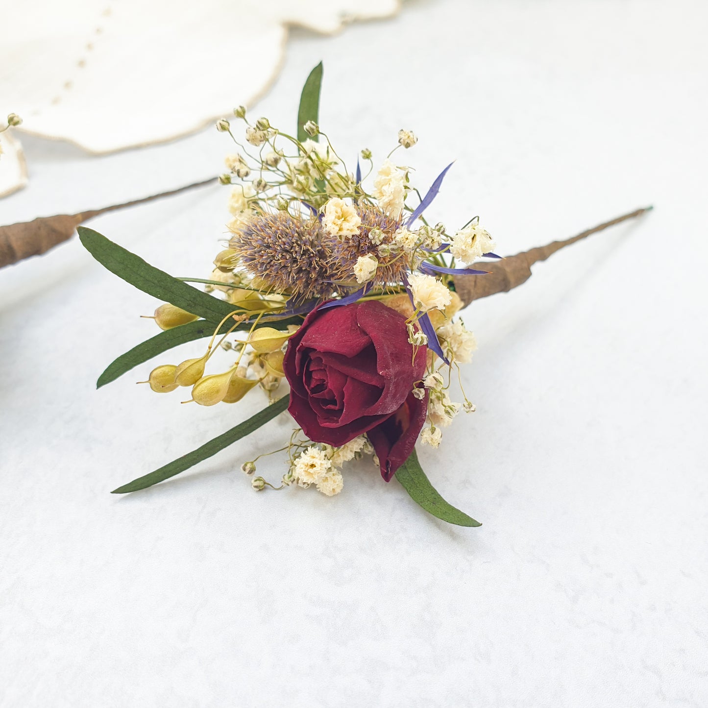 "Thistle and Roses" Dried Flower Rose Hair Pins- Red & Blue - Lytton Rose Botanical