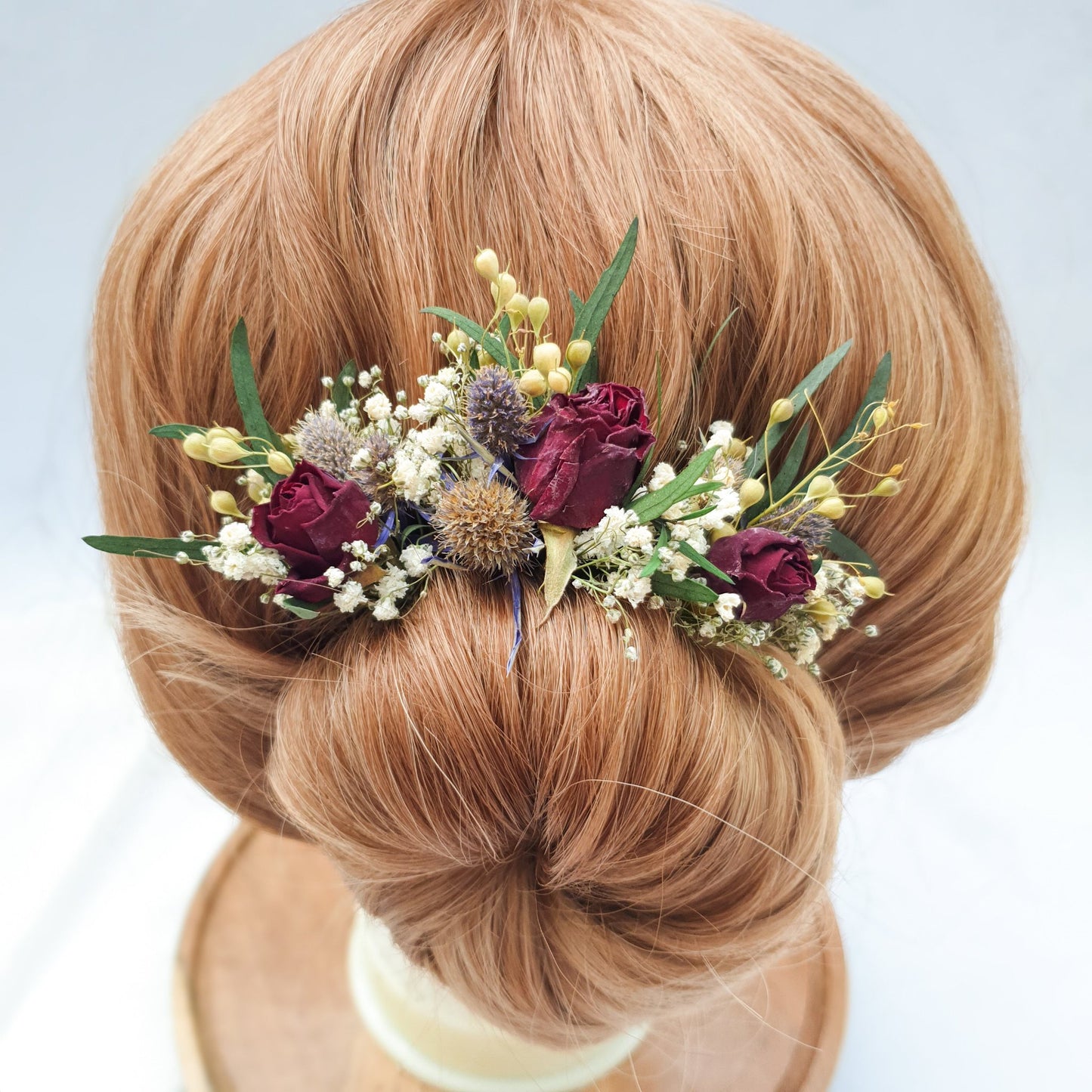 "Thistle and Roses" Dried Flower Rose Hair Pins- Red & Blue - Lytton Rose Botanical