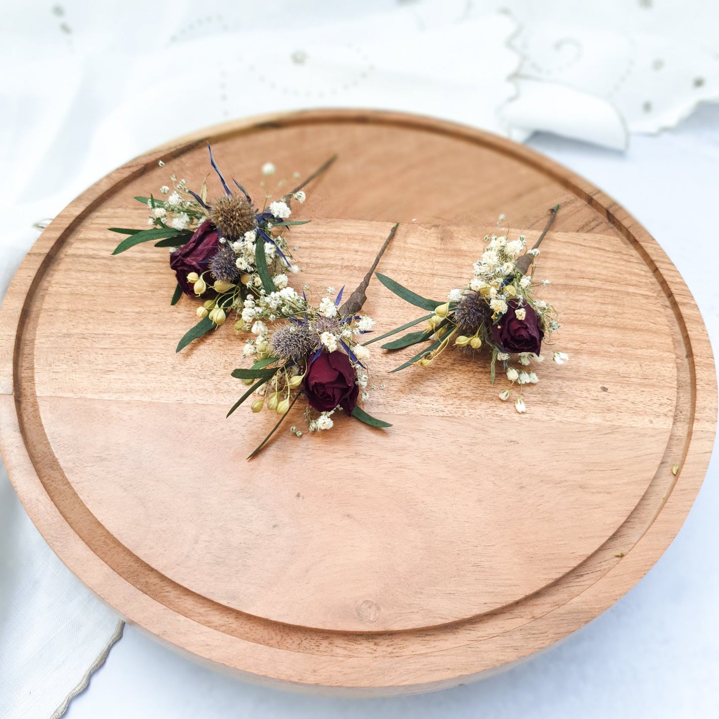 "Thistle and Roses" Dried Flower Rose Hair Pins- Red & Blue - Lytton Rose Botanical
