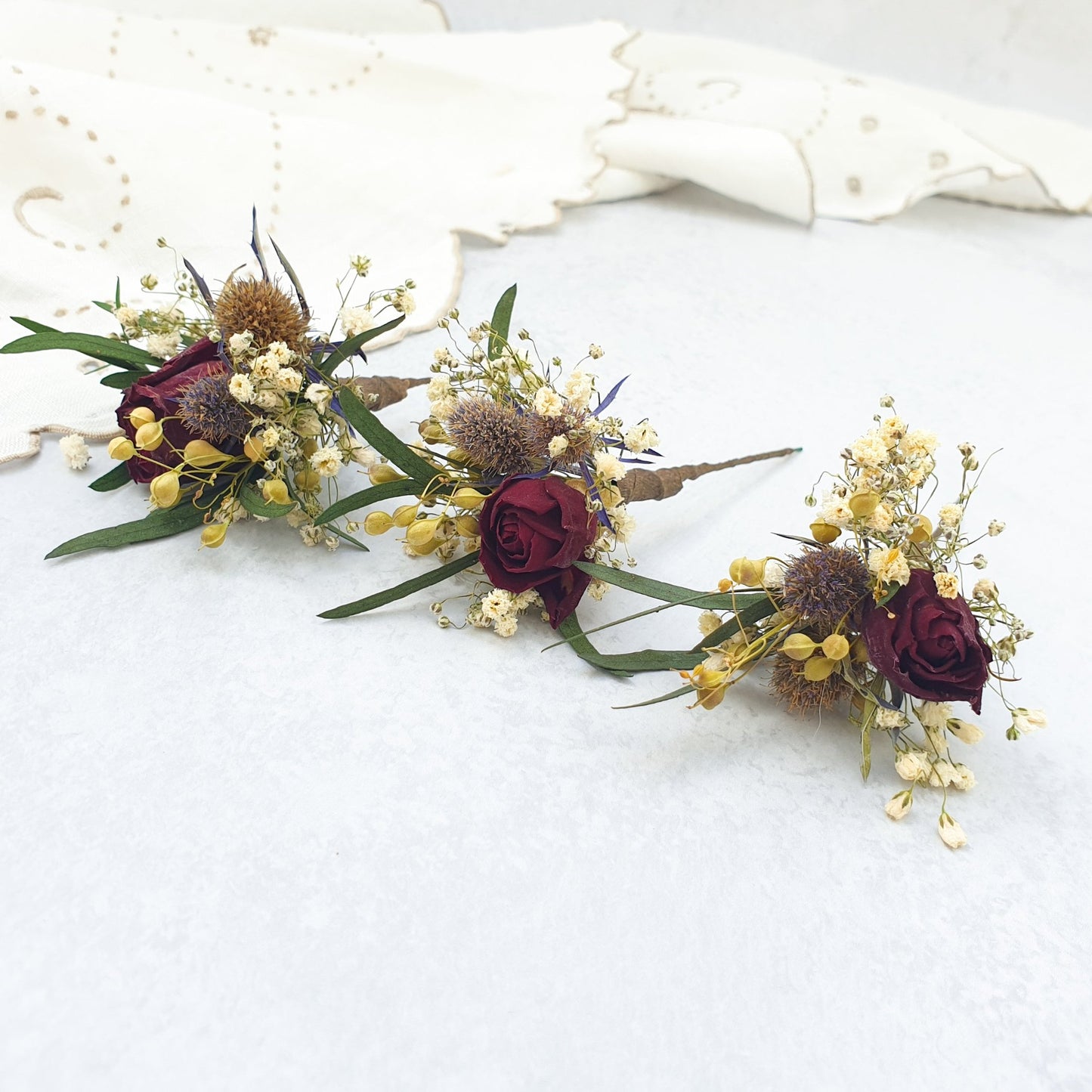 "Thistle and Roses" Dried Flower Rose Hair Pins- Red & Blue - Lytton Rose Botanical