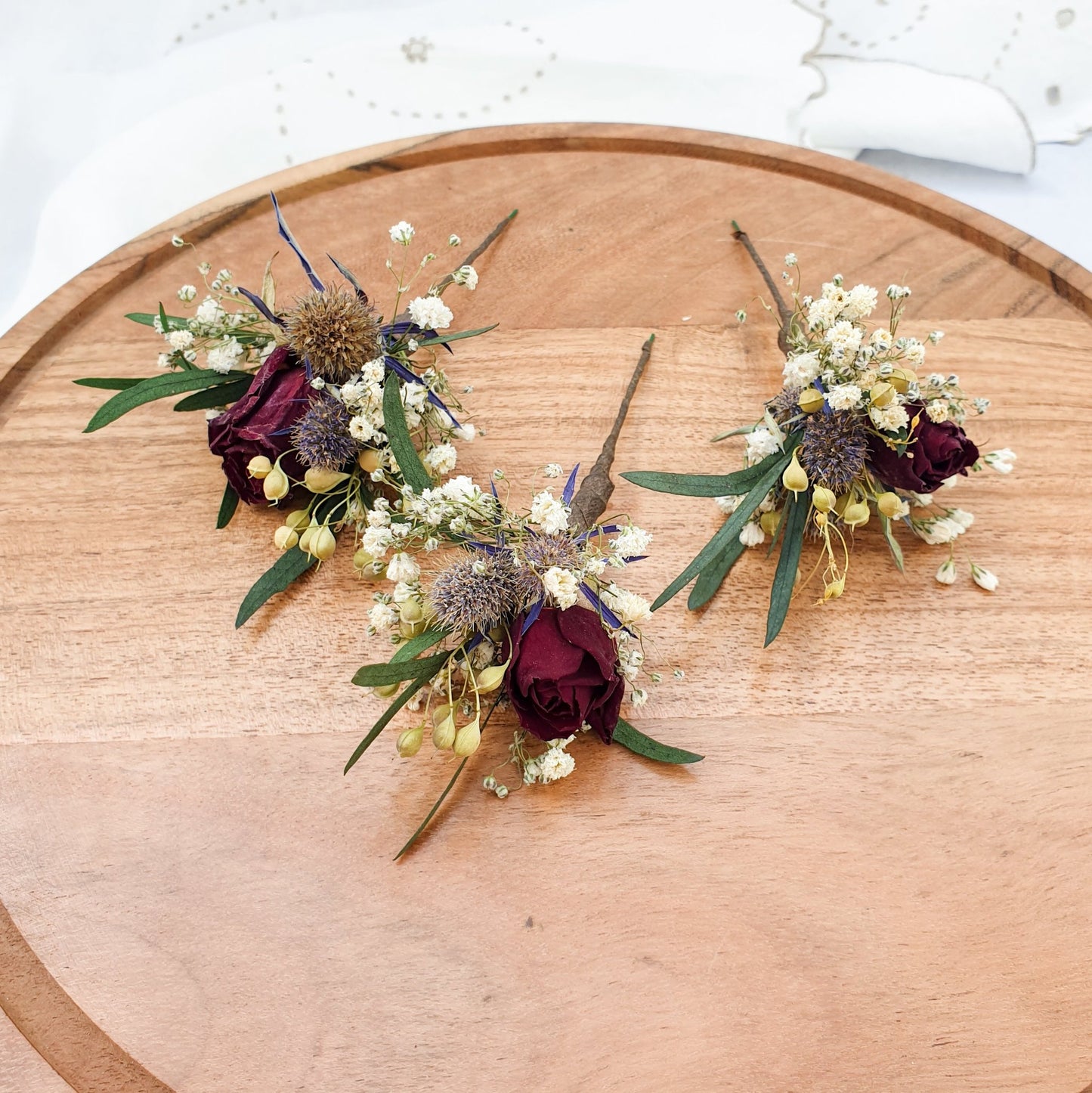 "Thistle and Roses" Dried Flower Rose Hair Pins- Red & Blue - Lytton Rose Botanical