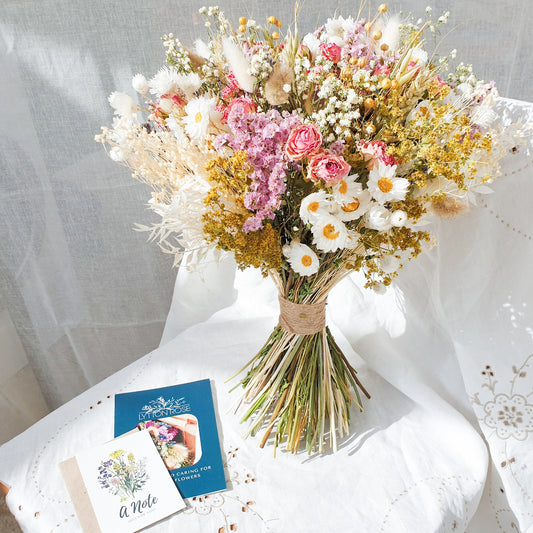 "Cottage Garden" Large Dried Flower Bouquet- Pink Handtie