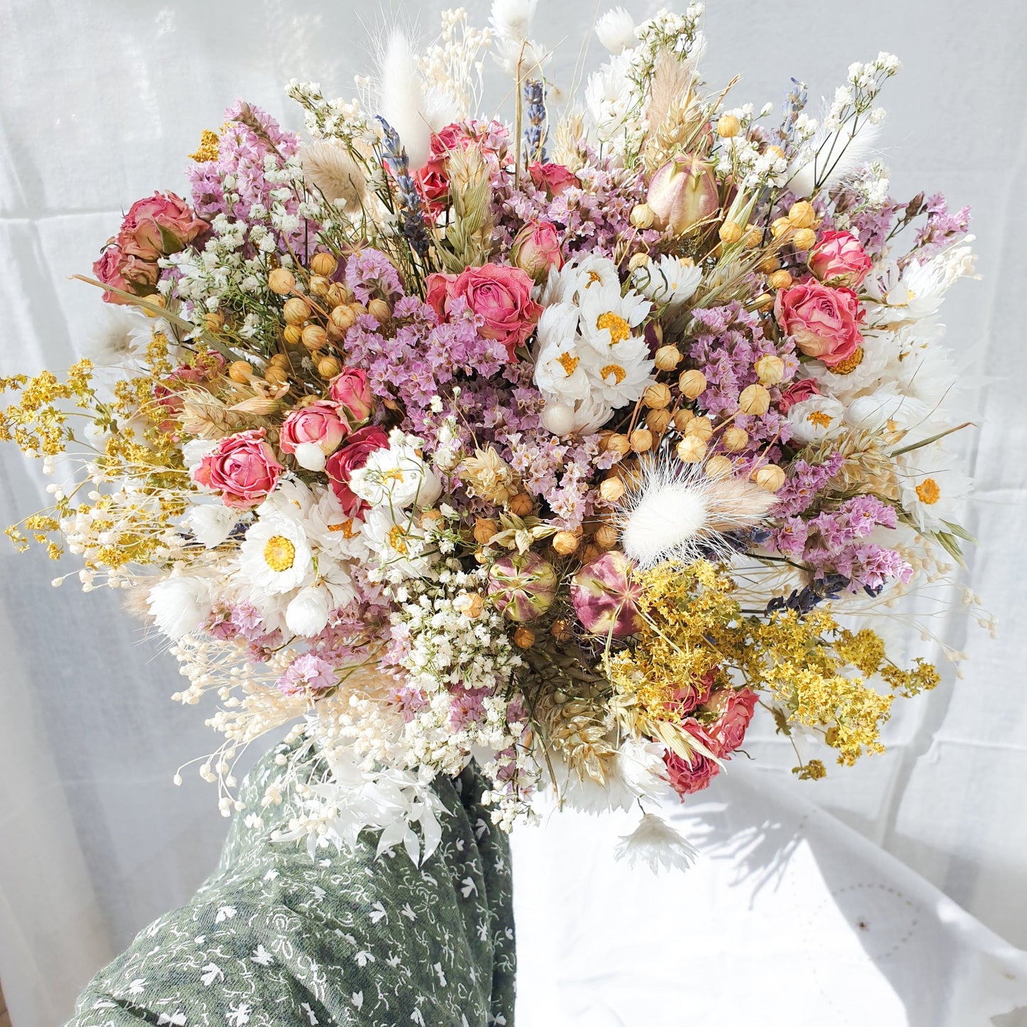 "Cottage Garden" Large Dried Flower Bouquet- Pink Handtie