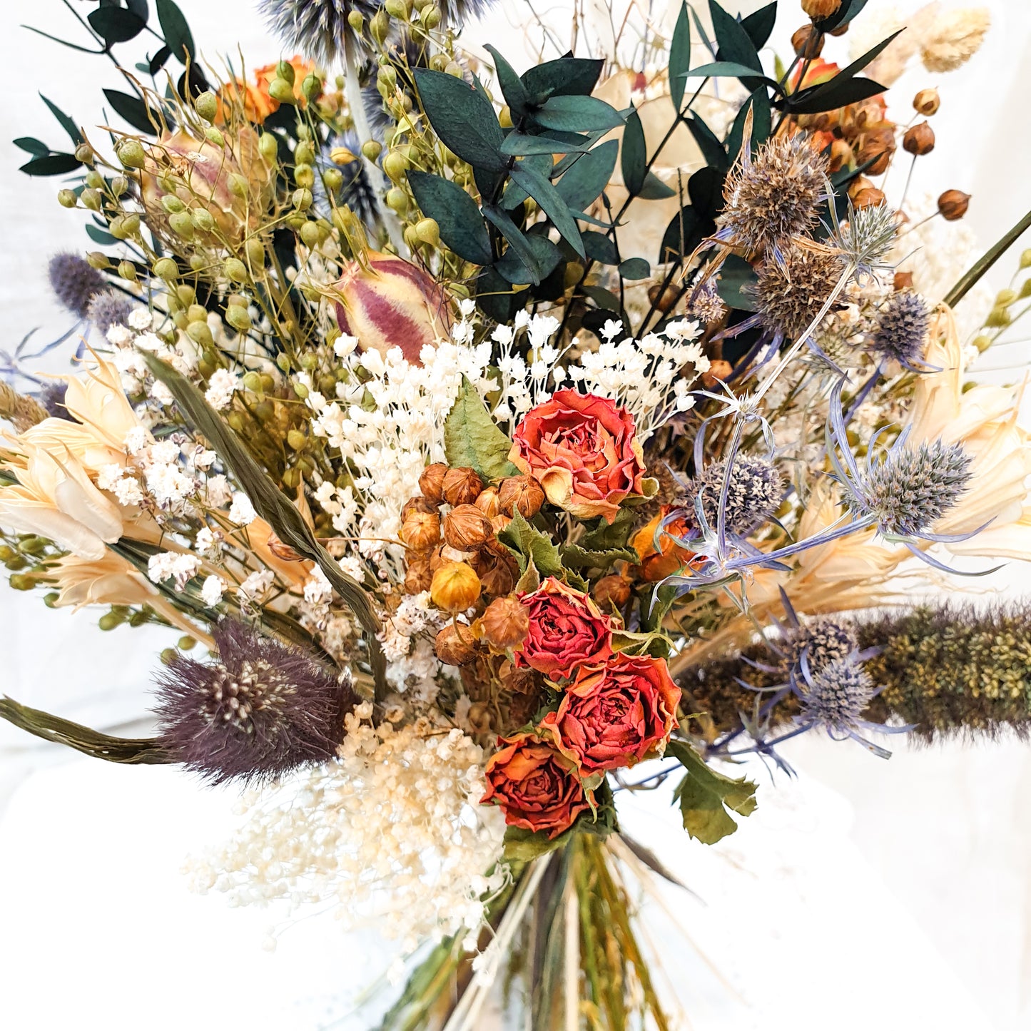 "Roses and Thistles" Dried Flower Bouquet- Orange