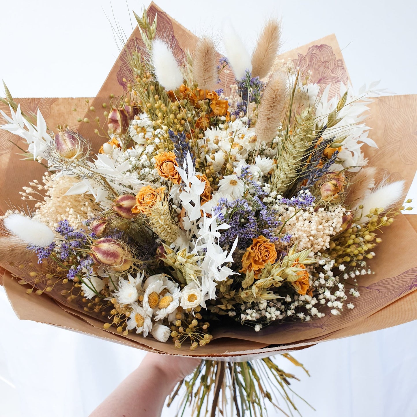 "Cottage Garden" Large Dried Flower Bouquet- Yellow Handtie