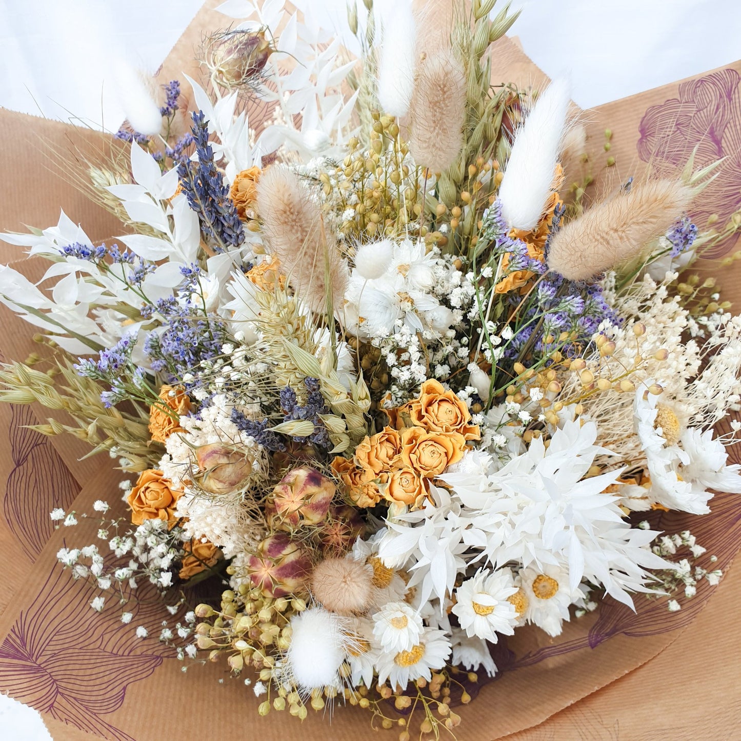 "Cottage Garden" Large Dried Flower Bouquet- Yellow Handtie