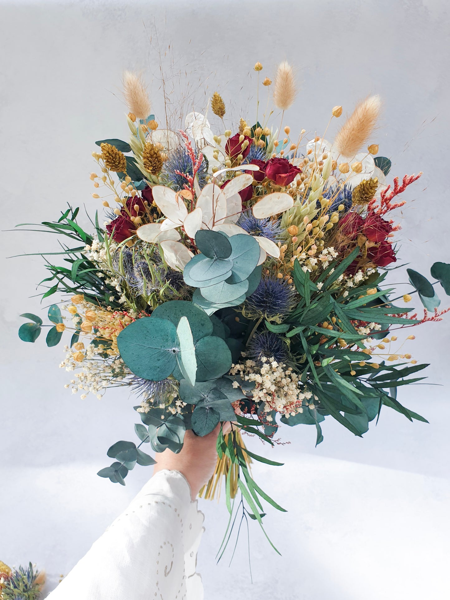 "Winter Roses" Dried and Preserved Rose, Thistle and Foliage Bouquet