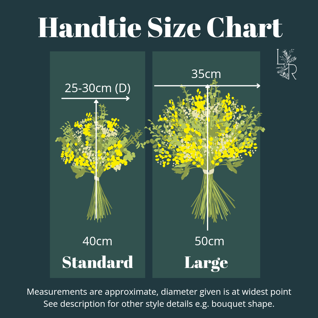 A chart comparing the size of two hand-tied bouquets: Standard and Large. The Standard bouquet measures approximately 25-30cm in diameter and 40cm in height. The Large bouquet measures approximately 35cm in diameter and 50cm in height. Each bouquet is represented by a visual illustration.