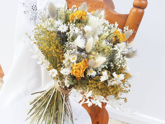 "Cottage Garden" Large Dried Flower Bouquet- Yellow Handtie