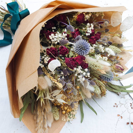 "Roses and Thistles" Dried Flower Bouquet Red