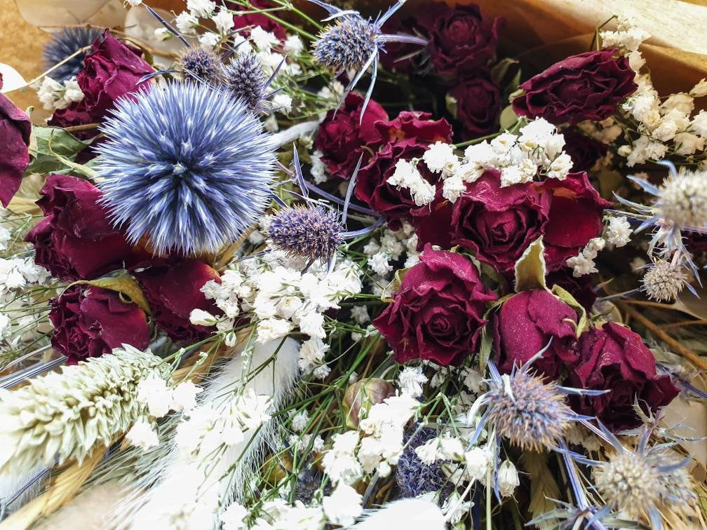 "Roses and Thistles" Dried Flower Bouquet Red - Lytton Rose Botanical