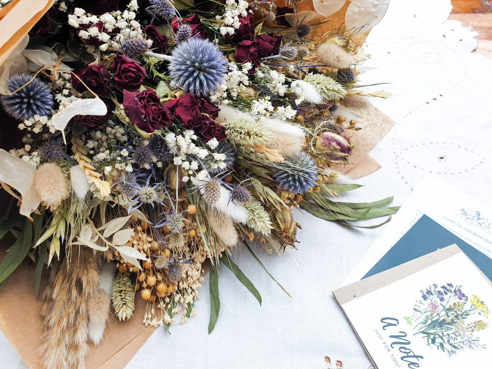 "Roses and Thistles" Dried Flower Bouquet Red - Lytton Rose Botanical