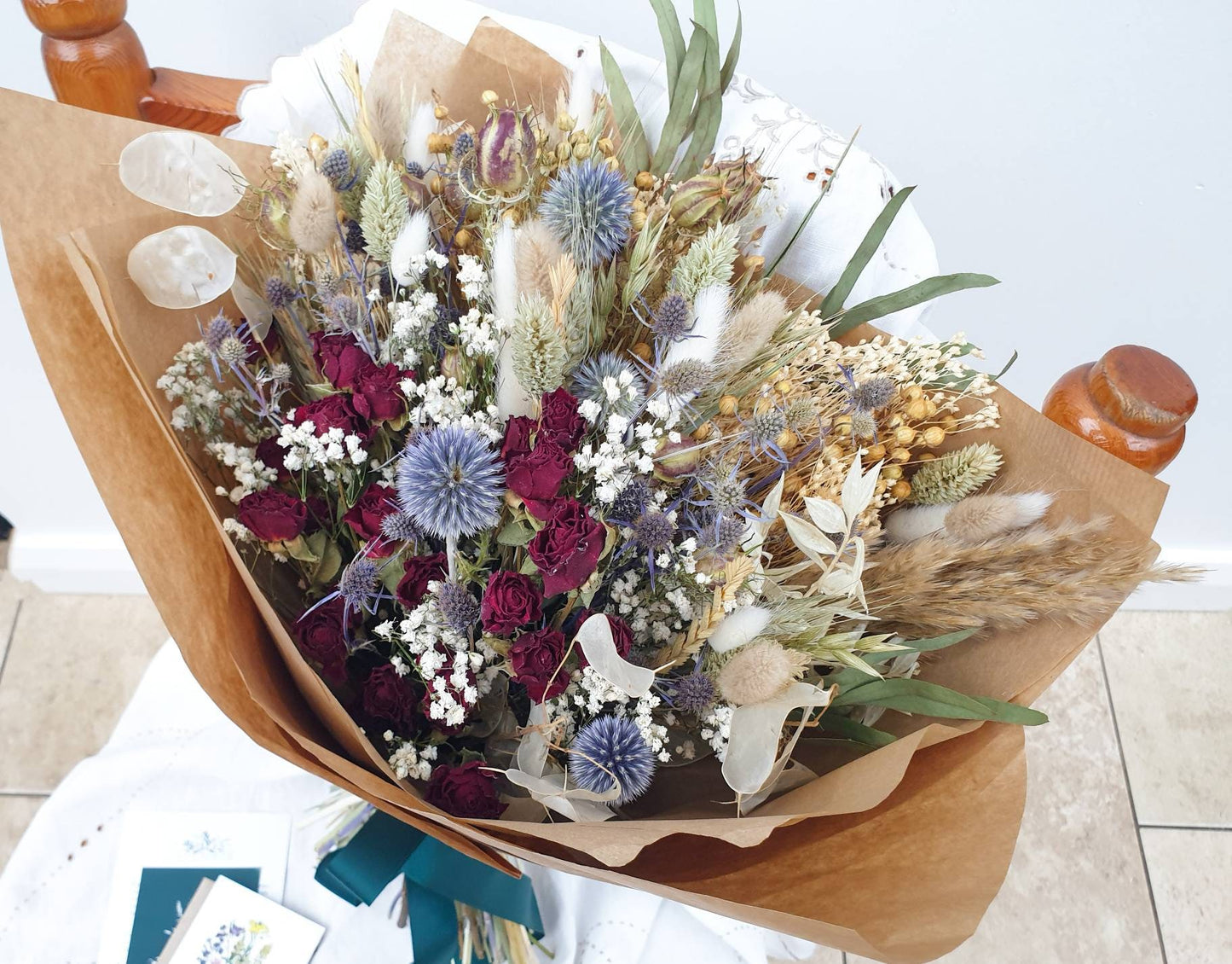 "Roses and Thistles" Dried Flower Bouquet Red