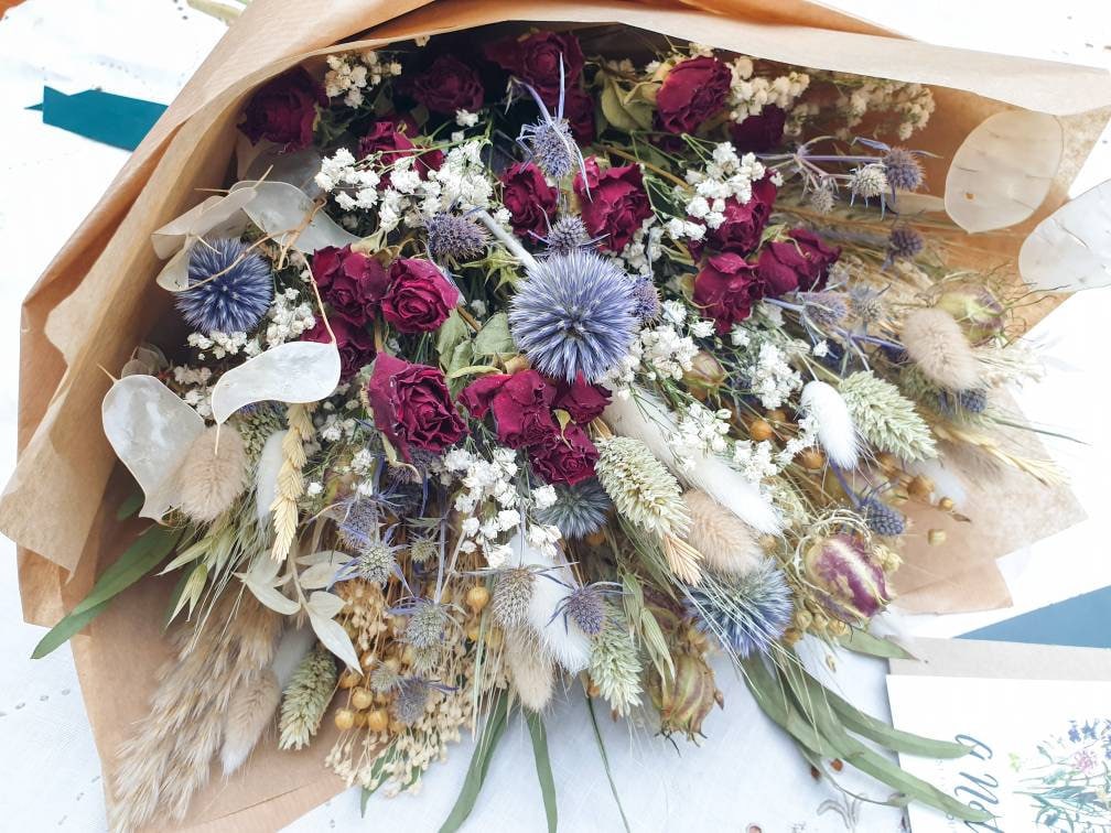 "Roses and Thistles" Dried Flower Bouquet Red