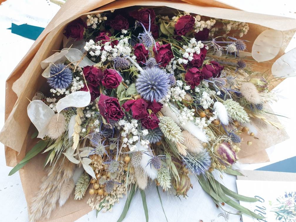"Roses and Thistles" Dried Flower Bouquet Red - Lytton Rose Botanical