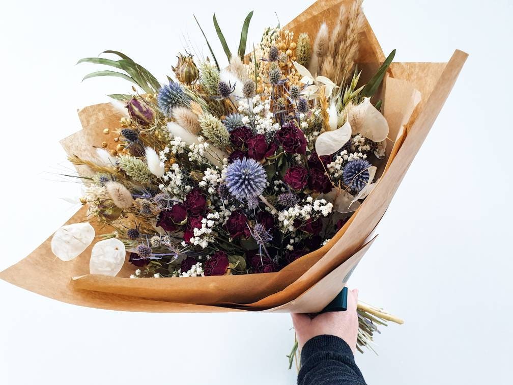 Red, White & Blue Dried Flower Bouquet with Eucalyptus, Lunaria Honesty, and Thistles